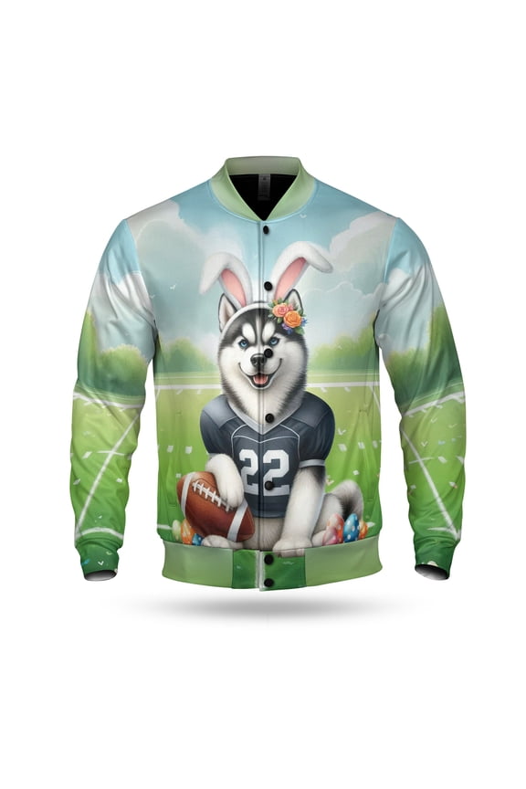 Happy Easter Hello Spring Siberian Husky Playing Football All Over Print 3D Baseball Jacket Husky Dog Lover Gifts Bomber Jacket Softball - 13003