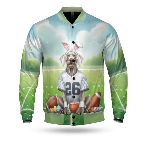 Happy Easter Hello Spring Weimaraner Playing Football All Over Print 3D Baseball Jacket Weim Gray Ghost Dog Lover Bomber Jacket Softball - 13003
