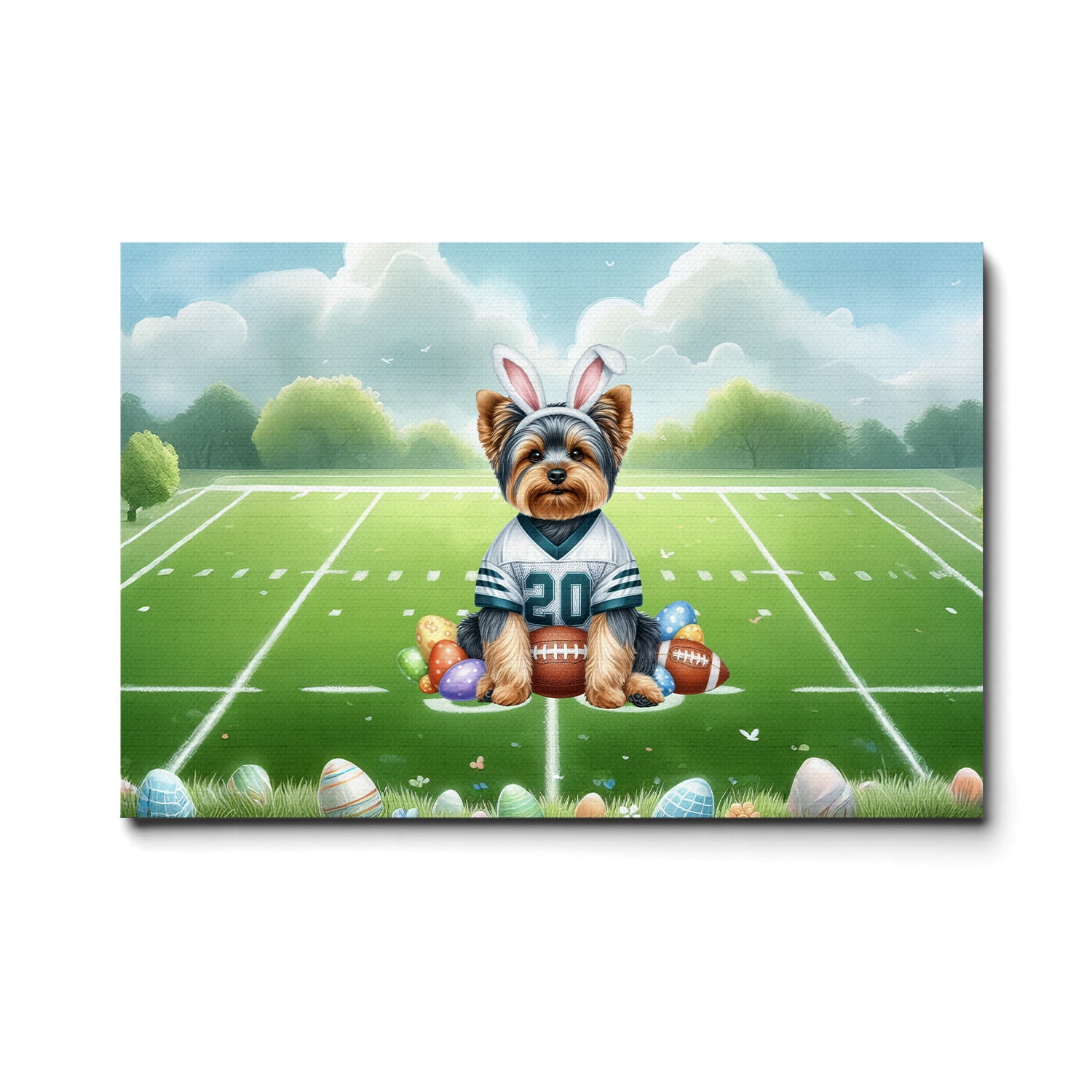 Happy Easter Hello Spring Yorkshire Terrier Playing Football Horizontal
