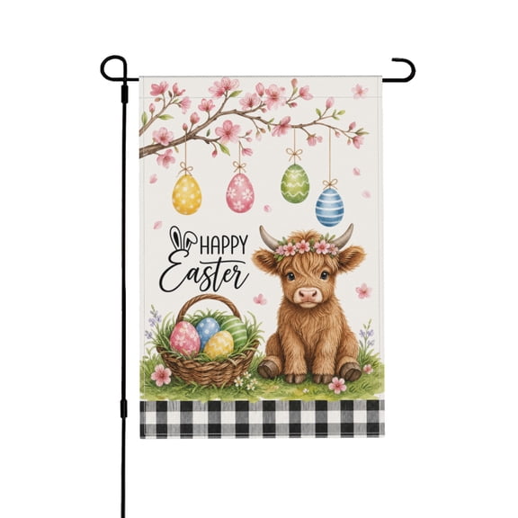 Happy Easter Highland Cow Garden Flag Buffalo Plaid Farmhouse Yard Holiday Outdoor Decoration 12x18 in