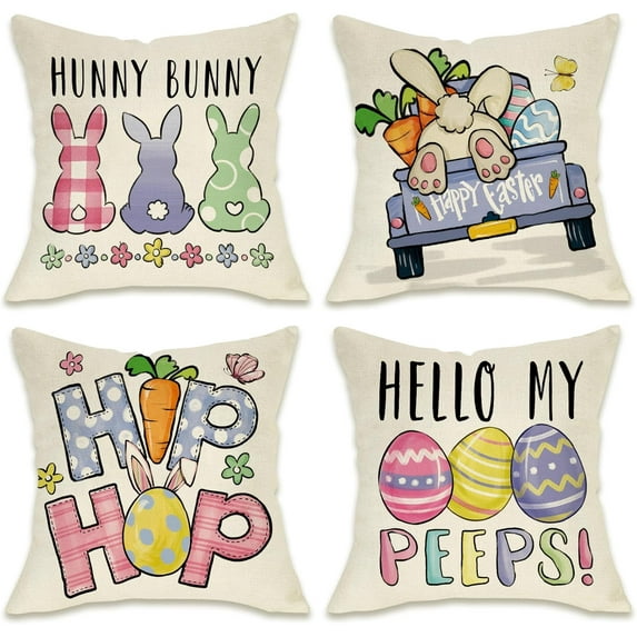 Happy Easter Hip Hop Decorative Throw Pillow Covers 18 x 18 Set of 4, Hunny Bunny Rabbit Eggs Porch Patio Outdoor Pillowcase, Hello My Peeps Truck Carrot Flower Cushion Case Home Decor