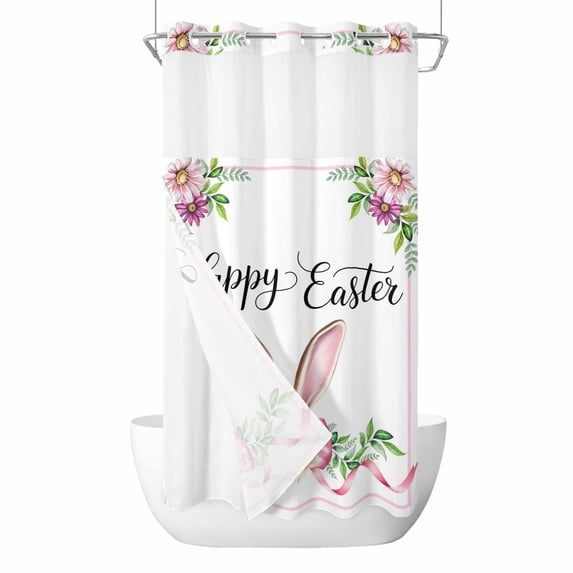 Happy Easter No Hooks Shower Curtain with Snap-in Liner Daisy Rabbit Ear Green Leaf Spring Plant Shower Curtains for Bathroom, Waterproof, Easy Install, Washable 36"x72"