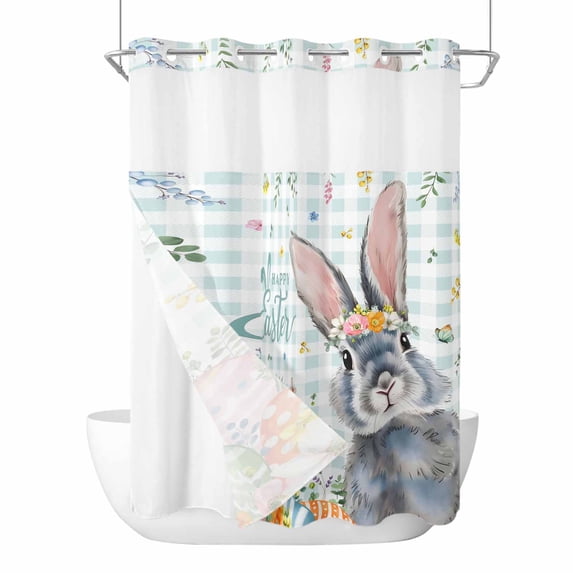 Happy Easter No Hooks Shower Curtain with Snap-in Liner Spring Floral Rabbit Colored Eggs Green Plaid Shower Curtains for Bathroom, Waterproof, Easy Install, Washable 60"x72"