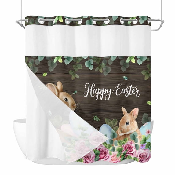 Happy Easter No Hooks Shower Curtain with Snap-in Liner Spring Khaki Bunny Pink Rose Flower Leaf Plants Wood Grain Shower Curtains for Bathroom, Waterproof, Easy Install, Washable 72"x72"