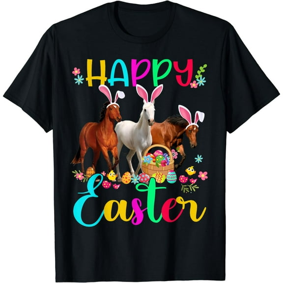 Happy Easter Horse Lover Three Horse Wearing Bunny Ear T-Shirt