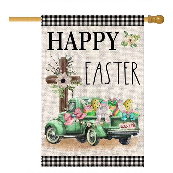 Happy Easter House Flag 28 x 40 Double Sided,Buffalo Plaid with Truck Cross Rabbit Eggs Yard Flags for Outdoor,Holiday Decorative House Flag,Seasonal Decor for Spring Farmhouse