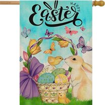 Happy Easter House Flag 28 x 40 Inch Bunny Eggs Decorative Double Sided Burlap Flag for Spring Easter Farmhouse Yard Decoration