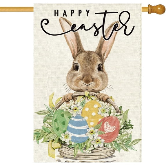Happy Easter House Flag 28 x 40 Inch, Double Sided Burlap Bunny Rabbits Laurel Colorful Eggs Basket Floral Farmhouse Large Yard Flag Seasonal Holiday Spring Easter Outdoor Decor