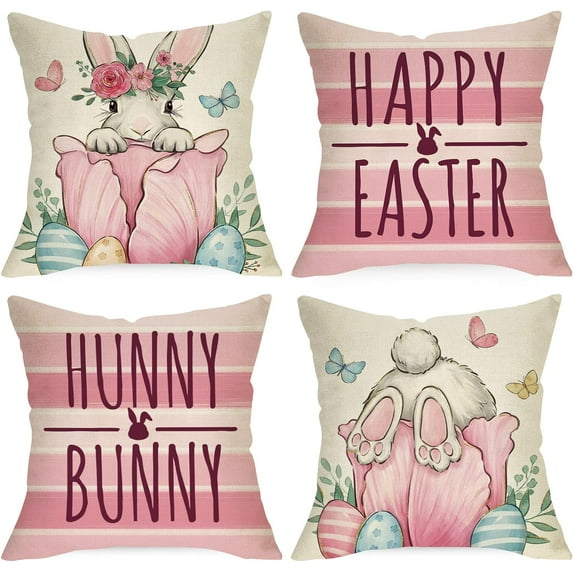 Happy Easter Hunny Bunny Decorative Throw Pillow Covers 18 x 18 Set of 4, Cute Rabbit Eggs Tulip Flower Pink Stripes Cushion Case Decor, Butterfly Farmhouse Decoration for Sofa Couch
