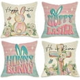 thumbnail image 1 of Happy Easter Hunny Bunny Decorative Throw Pillow Covers 18 x 18 Set of 4, He is Risen Religious Cross Rabbit Pink Blue Outdoor Pillowcase, Flower Eucalyptus Leaves Cushion Case Home Decor, 1 of 5