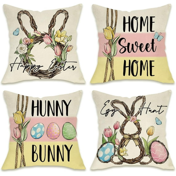 Happy Easter Hunny Bunny Decorative Throw Pillow Covers 18 x 18 Set of 4, Home Sweet Home Rabbit Wreath Porch Patio Outdoor Pillowcase, Egg Hunt Tulip Flower Stripes Cushion Case Home Decor