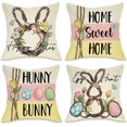 thumbnail image 1 of Happy Easter Hunny Bunny Decorative Throw Pillow Covers 18 x 18 Set of 4, Home Sweet Home Rabbit Wreath Porch Patio Outdoor Pillowcase, Egg Hunt Tulip Flower Stripes Cushion Case Home Decor, 1 of 5