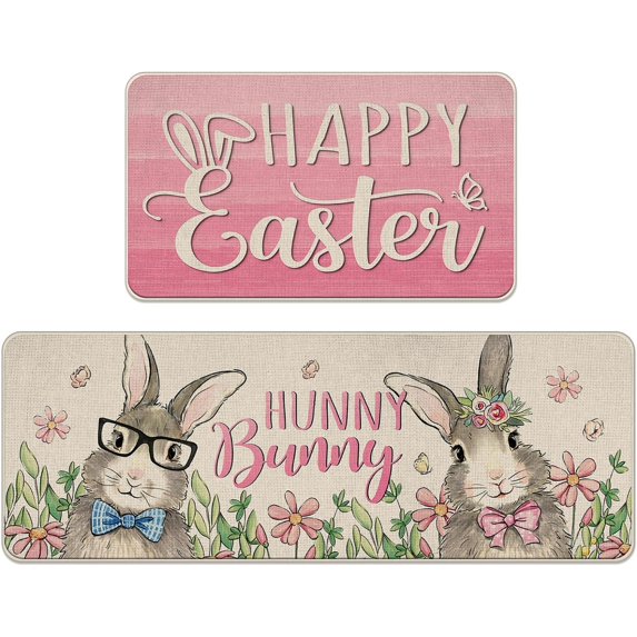 Happy Easter Hunny Bunny Kitchen Rugs Set of 2, Cute Rabbit Flower Pink Kitchen Mats Decor, Seasonal Floor Door Mat Home Decorations -17x29 and 17x47 Inch