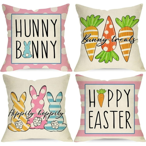 Happy Easter Hunny Bunny Pink Decorative Throw Pillow Covers 20 x 20 Set of 4, Rabbit Hippity Hoppity Cushion Case Decor, Bunny Treats Carrots Spring Home Decoration for Sofa Couch