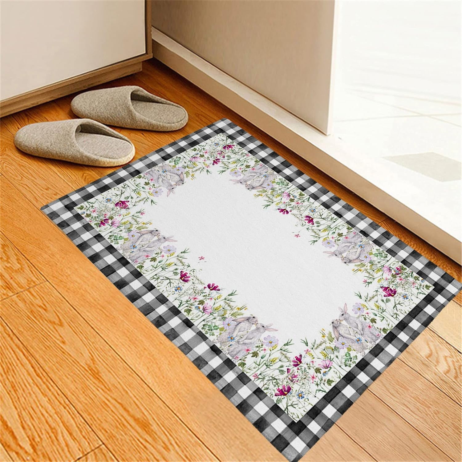 Happy Easter Indoor Doormat Farm Cute Bunny Wild Flowers Plant, Non