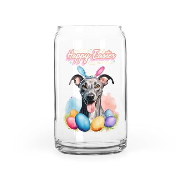 Happy Easter Italian Greyhound with Bunny Ear Headband and Flowers 16oz Glass Cup Mug Greyhound Dog Lover Glass Can - 13001
