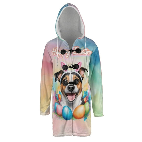 Happy Easter Jack Russell Terrier with Bunny Ear Headband and Flowers All Over Print 3D Hooded Duffle Toggle Coat Parson Jack Dog Lover - 13001