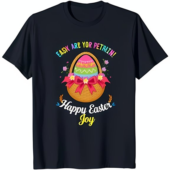 Happy Easter Joy T-Shirt Colorful Basket of Easter Eggs with Pink Bow