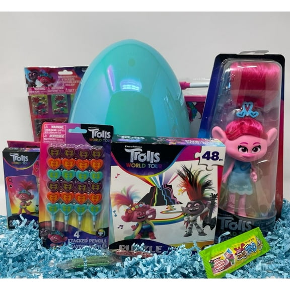Happy Easter Jumbo Egg Gift Filled with Trolls Poppy Figure Puzzle Set Stacked Pencils Card Games White Board & Reusable Plastic Egg for Kids Girls Egg Hunt Spring Holiday Party Gifts (Contents Vary)