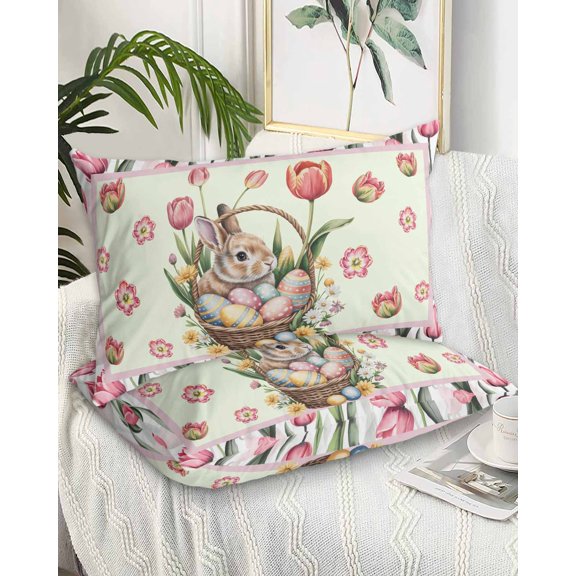 Happy Easter King Pillow Cases Set of 2 - Microfiber Bed Throw Pillow Covers, Spring Bunny Easter Eggs Pink Tulips Decorative Lumbar Pillow Cover with Envelope Closure for Sofa/Travel 20"x36"