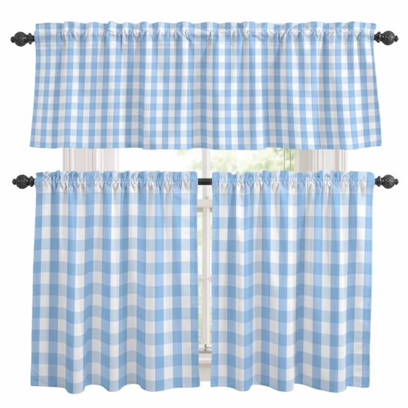 Happy Easter Kitchen Curtains and Valances Set, Simple Abstract Blue White Buffalo Plaid Rod Pocket Window Valance 18 Inch Window Curtain Panels for Living Room Bedroom Laundry, 27.5x24in, 3 Pieces