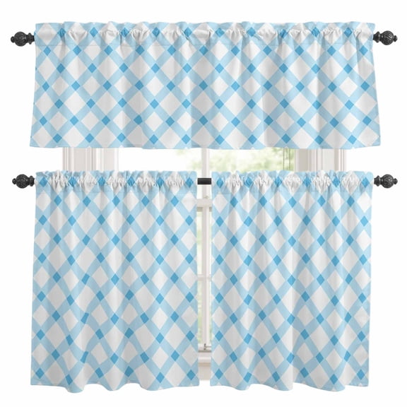 Happy Easter Kitchen Curtains and Valances Set, Simple Abstract Light Blue White Buffalo Plaid Stripes Rod Pocket Window Valance 18 Inch Window Curtain Panels for Living Room Laundry, 27.5x24in