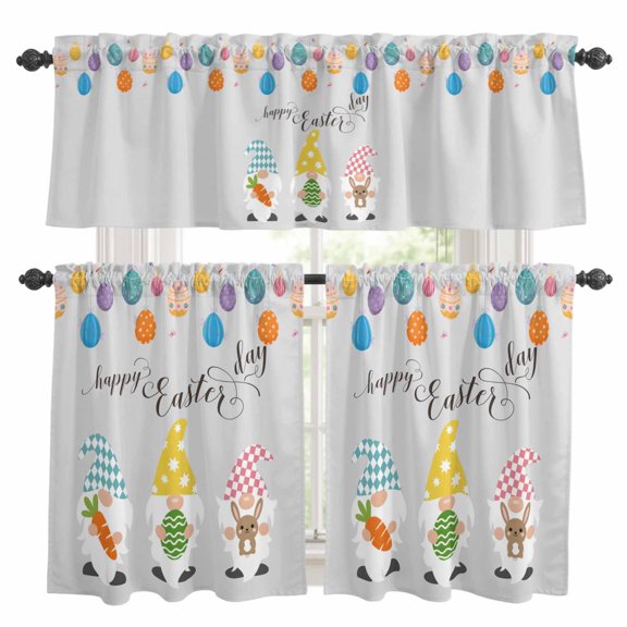 Happy Easter Kitchen Curtains and Valances Set, Simple Cute Gnome Carrot Rabbit Colorful Falling Easter Eggs Grey Rod Pocket Window Valance Window Curtain Panels for Living Room Laundry, 27.5x24in