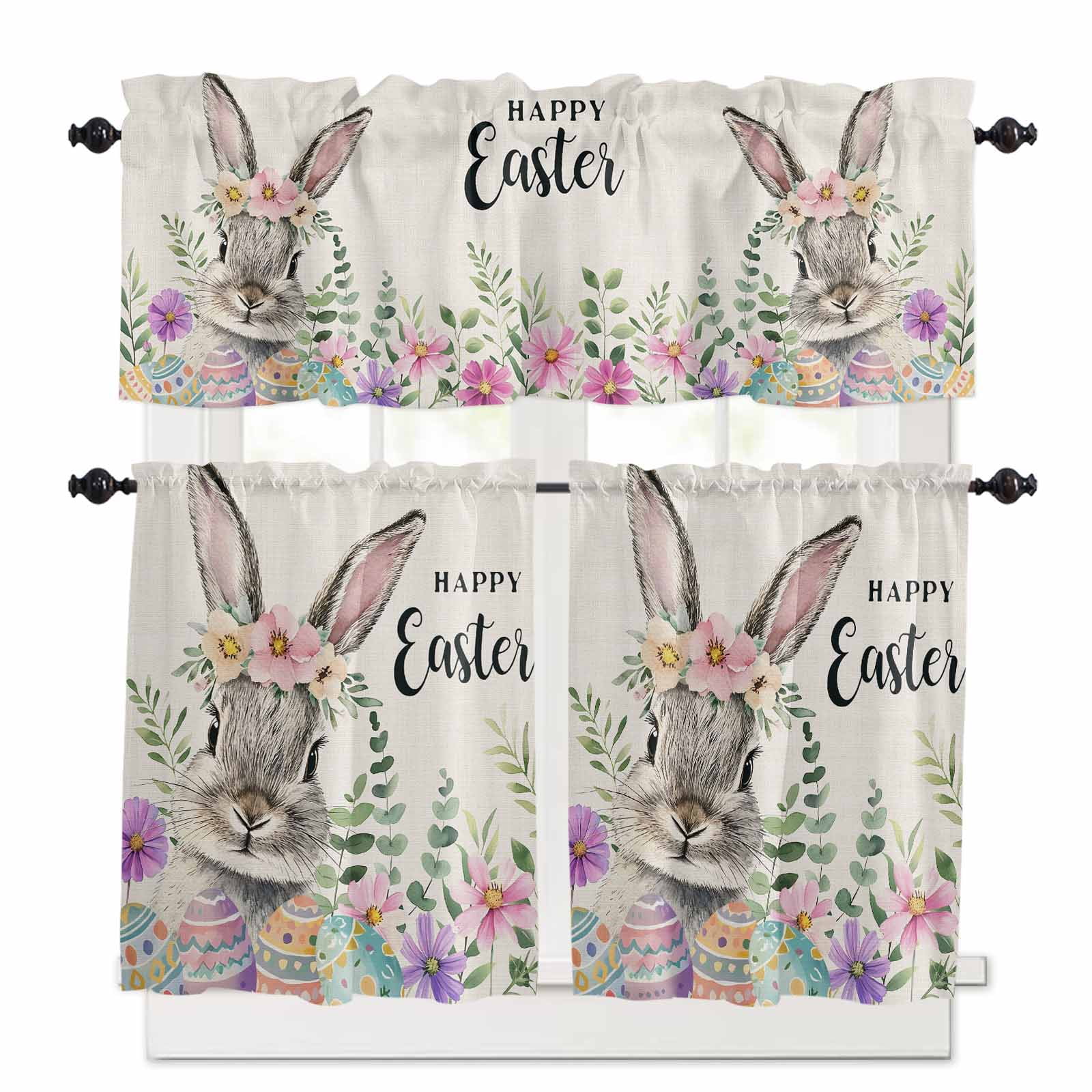 Happy Easter Kitchen Curtains Valances and Tiers Set of 3 Cute Spring Bunny Linen Texture Tier Curtains and Valance for Kitchen Bathroom Small Windows 27.5"W x 36"L (Pack of 3)