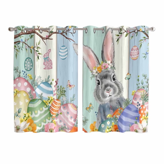 Happy Easter Kitchen Curtains Window Panels, Spring Bunny Colorful Eggs Wooden Grain Insulated Window Treatment Curtain, Grommet Curtains for Bedroom/Living Room/Bathroom, 2 Piece 52"Wx72"L