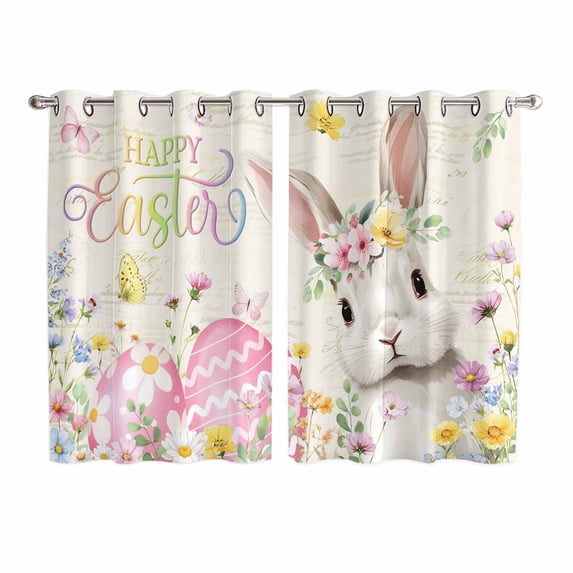 Happy Easter Kitchen Curtains Window Panels, Spring Farmhouse Easter Bunny Eggs Floral Insulated Window Treatment Curtain, Grommet Curtains for Bedroom/Living Room/Bathroom, 2 Piece 52"Wx63"L