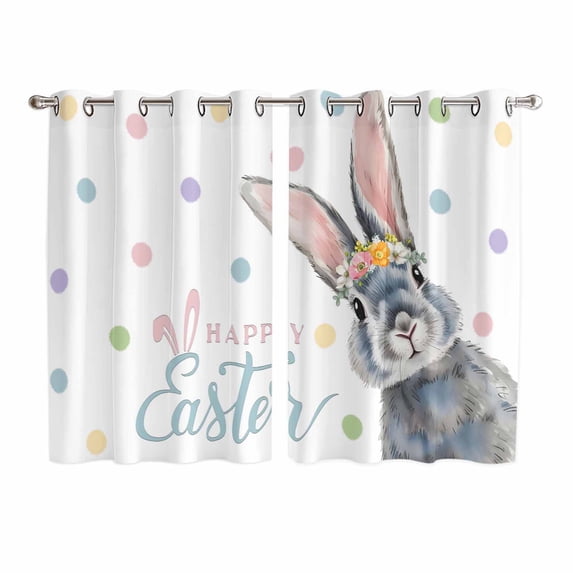 Happy Easter Kitchen Curtains Window Panels, Spring Rabbits Polka Dots Watercolor Insulated Window Treatment Curtain, Grommet Curtains for Bedroom/Living Room/Bathroom, 2 Piece 52"Wx72"L