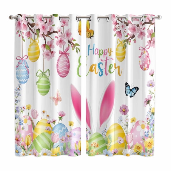 Happy Easter Kitchen Curtains Window Panels, Spring Watercolor Bunny Eggs Flower Branch Insulated Window Treatment Curtain, Grommet Curtains for Bedroom/Living Room/Bathroom, 2 Piece 52"Wx84"L