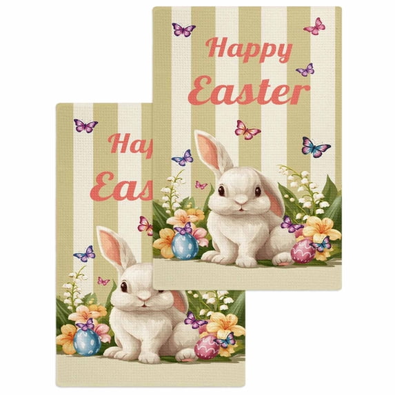 Happy Easter Kitchen Dish Towels for Drying Dishes Set of 2, Bunny Eggs Spring Flowers Butterfly Striped Waffle Weave Microfiber Hand Tea Bathroom Towels Quick Dry & Absorbent Towel 15.7x23.6