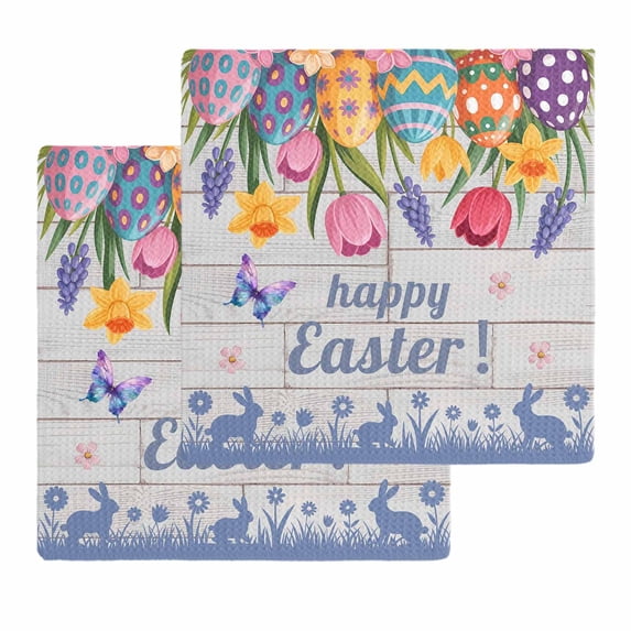 Happy Easter Kitchen Dish Towels for Drying Dishes Set of 2, Colorful Eggs Spring Tulips Flowers Farm Wooden Waffle Weave Microfiber Hand Tea Bathroom Towels Quick Dry & Absorbent Towel 12x12