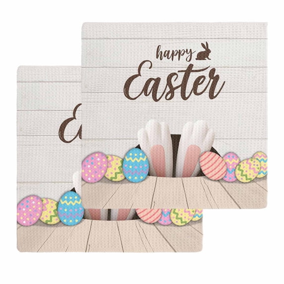 Happy Easter Kitchen Dish Towels for Drying Dishes Set of 2, Colorful Spring Eggs Beige Wooden Waffle Weave Microfiber Hand Tea Bathroom Towels Quick Dry & Absorbent Towel 12x12