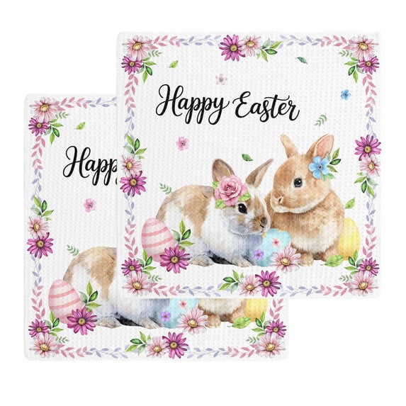 Happy Easter Kitchen Dish Towels for Drying Dishes Set of 2, Cute Rabbits Eggs Daisy Flowers Plants Watercolor Waffle Weave Microfiber Hand Tea Bathroom Towels Quick Dry & Absorbent Towel 12x12