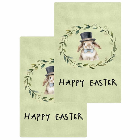 Happy Easter Kitchen Dish Towels for Drying Dishes Set of 2, Grass Green Spring Bunny Eucalyptus Leaves Waffle Weave Microfiber Hand Tea Bathroom Towels Quick Dry & Absorbent Towel 15.7x23.6