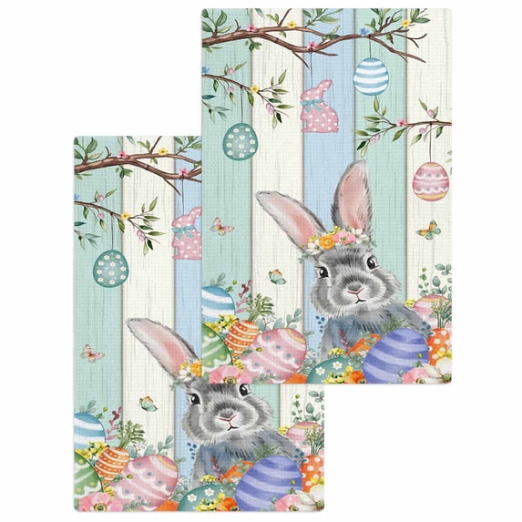 Happy Easter Kitchen Dish Towels for Drying Dishes Set of 2, Spring Bunny Colorful Eggs Wooden Grain Waffle Weave Microfiber Hand Tea Bathroom Towels Quick Dry & Absorbent Towel 15.7x23.6