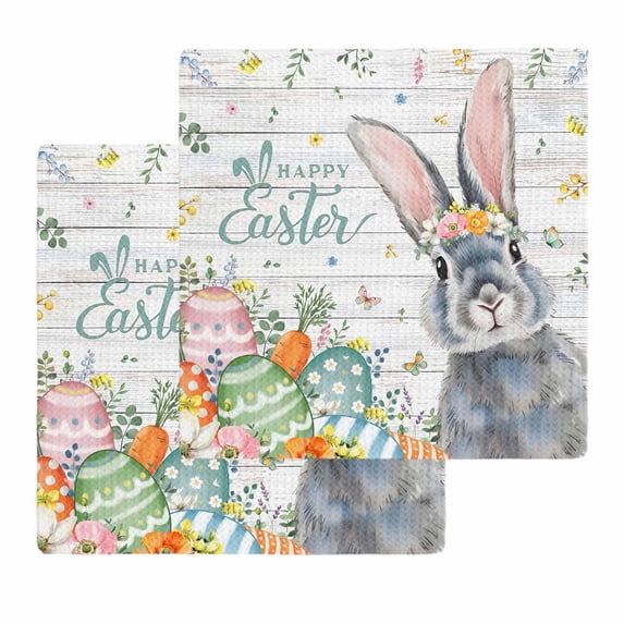 Happy Easter Kitchen Dish Towels for Drying Dishes Set of 2, Spring Bunny Easter Eggs Floral Gray Wood Waffle Weave Microfiber Hand Tea Bathroom Towels Quick Dry & Absorbent Towel 12x12