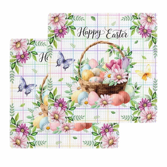 Happy Easter Kitchen Dish Towels for Drying Dishes Set of 2, Spring Daisy Eggs Leaves Butterfly Colorful Plaid Waffle Weave Microfiber Hand Tea Bathroom Towels Quick Dry & Absorbent Towel 12x12