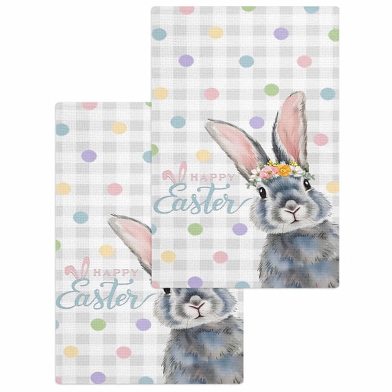 Happy Easter Kitchen Dish Towels for Drying Dishes Set of 2, Spring Rabbits Polka Dots Gray Plaid Waffle Weave Microfiber Hand Tea Bathroom Towels Quick Dry & Absorbent Towel 15.7x23.6
