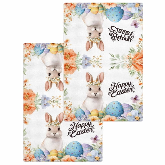 Happy Easter Kitchen Dish Towels for Drying Dishes Set of 2, Spring Watercolor Bunny Eggs Flowers Waffle Weave Microfiber Hand Tea Bathroom Towels Quick Dry & Absorbent Towel 15.7x23.6