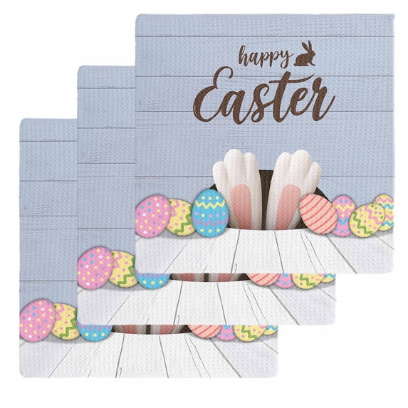 Happy Easter Kitchen Dish Towels for Drying Dishes Set of 3, Colorful Spring Eggs Haze Blue Wooden Waffle Weave Microfiber Hand Tea Bathroom Towels Quick Dry & Absorbent Towel 12x12