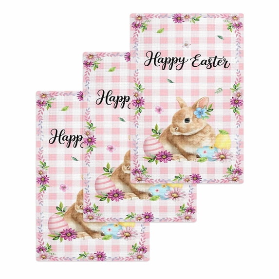 Happy Easter Kitchen Dish Towels for Drying Dishes Set of 3, Cute Rabbits Daisy Flowers Leaves Eggs Pink Plaid Waffle Weave Microfiber Hand Tea Bathroom Towels Quick Dry & Absorbent Towel 15.7x23.6