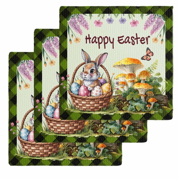 Happy Easter Kitchen Dish Towels for Drying Dishes Set of 3, Rabbit Eggs Spring Mushrooms Botanical Green Plaid Waffle Weave Microfiber Hand Tea Bathroom Towels Quick Dry & Absorbent Towel 12x12