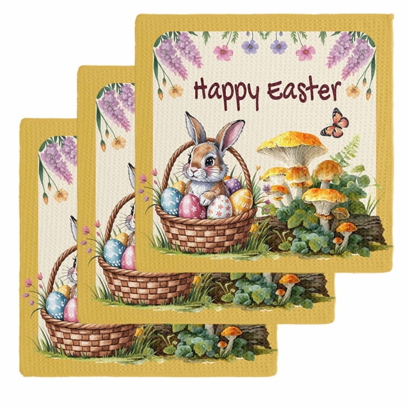 Happy Easter Kitchen Dish Towels for Drying Dishes Set of 3, Rabbit Eggs Spring Mushrooms Flowers Yellow Waffle Weave Microfiber Hand Tea Bathroom Towels Quick Dry & Absorbent Towel 12x12