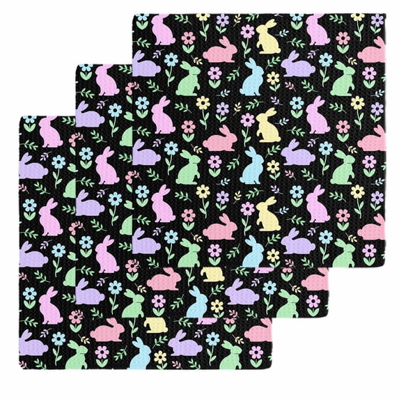 Happy Easter Kitchen Dish Towels for Drying Dishes Set of 3, Spring Colorful Bunny Floral Rustic Black Waffle Weave Microfiber Hand Tea Bathroom Towels Quick Dry & Absorbent Towel 12x12