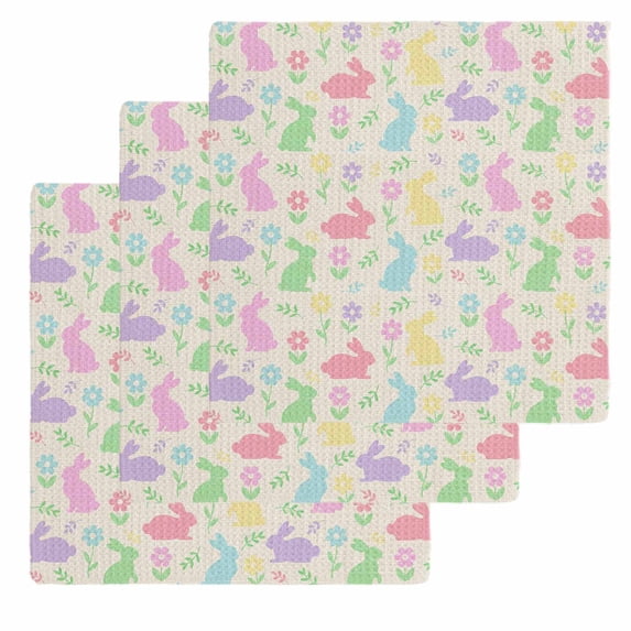 Happy Easter Kitchen Dish Towels for Drying Dishes Set of 3, Spring Colorful Bunny Floral Rustic Burlap Waffle Weave Microfiber Hand Tea Bathroom Towels Quick Dry & Absorbent Towel 12x12