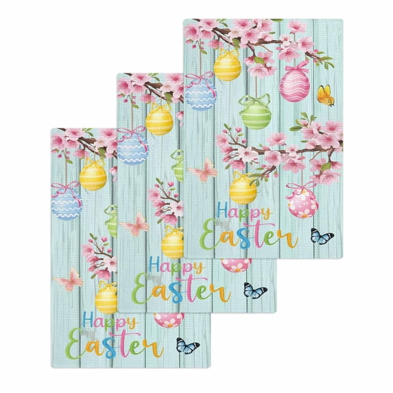 Happy Easter Kitchen Dish Towels for Drying Dishes Set of 3, Spring Colorful Eggs Butterfly Teal Wood Grain Waffle Weave Microfiber Hand Tea Bathroom Towels Quick Dry & Absorbent Towel 15.7x23.6