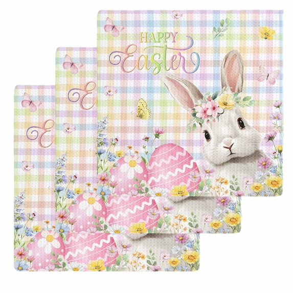 Happy Easter Kitchen Dish Towels for Drying Dishes Set of 3, Spring Easter Bunny Eggs Floral Colorful Plaid Waffle Weave Microfiber Hand Tea Bathroom Towels Quick Dry & Absorbent Towel 12x12